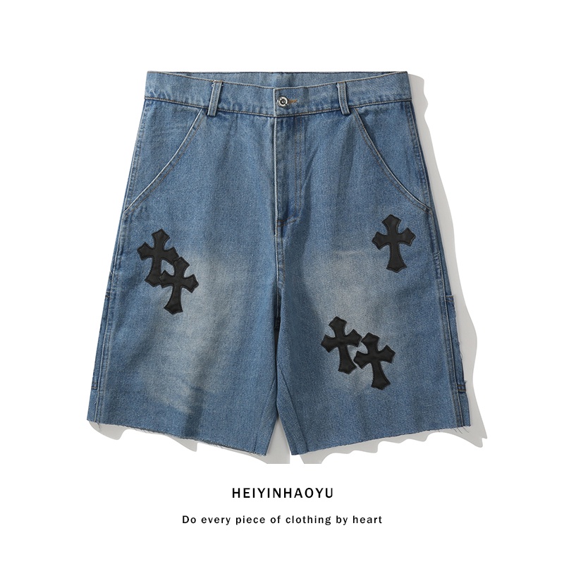 Thiết kế kiểu Mỹ cảm giác chéo thô cạnh quần short denim của nam giới mùa hè mặc xu hướng rộng rãi xu hướng đường phố