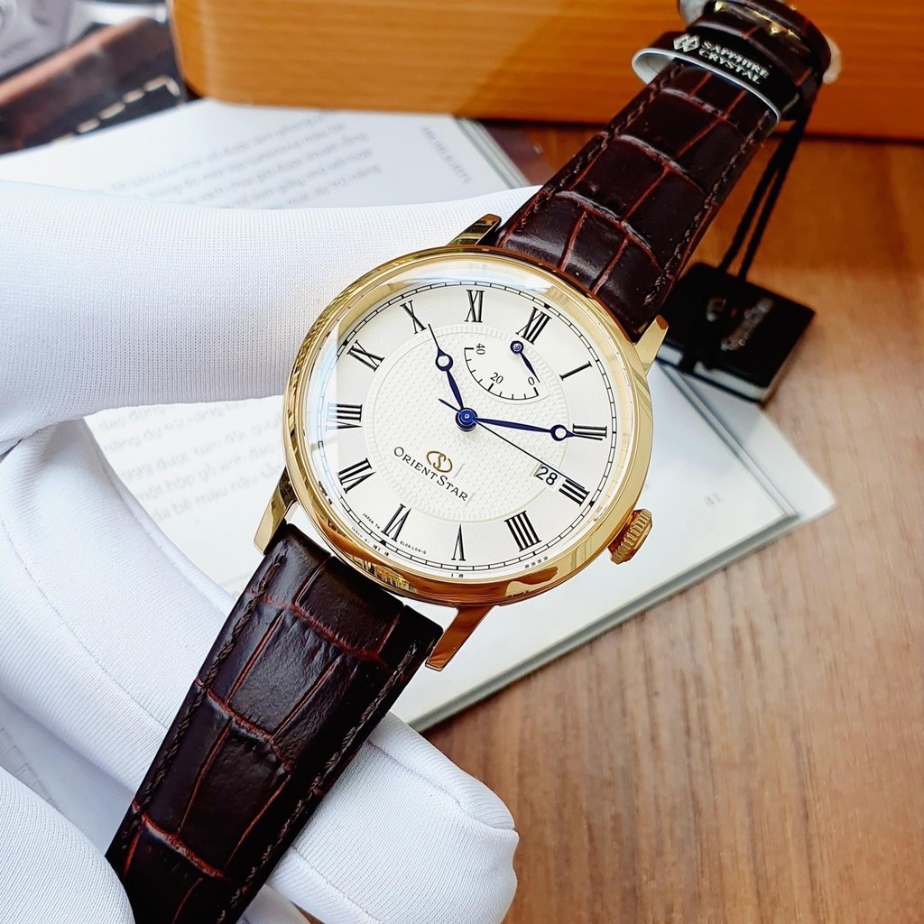 Đồng hồ Nam Orient Star Alegant SEL09001W0 Automatic Mặt trắng,Kim xanh,Báo cót,Kính Sapphire-Máy cơ-Dây da-Size 39mm