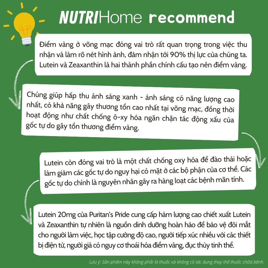Viên uống Lutein 20mg Puritan’s Pride bổ mắt, bảo vệ mắt khỏi ánh sáng xanh, ngăn ngừa thoái hóa điểm vàng (Nutri Home)