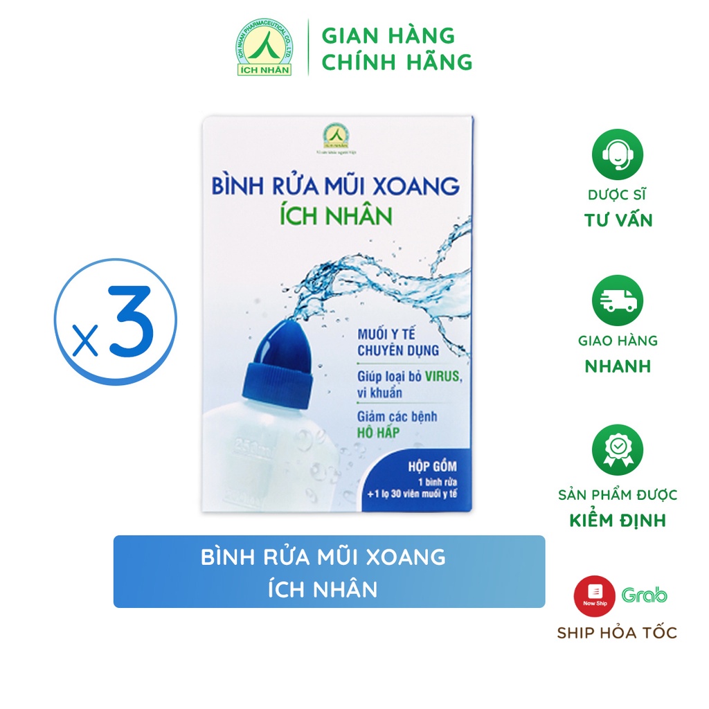 Combo 3 bộ bình vệ sinh mũi họng Ích Nhân tiện lợi dùng cho cả gia đình - 1 bộ gồm bình và 1 muối y tế 30 viên