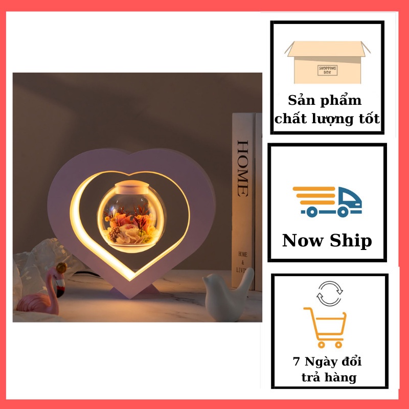 Đèn led trái tim quả cầu hoa hồng xoay vô cực, đèn ngủ cảm ứng xoay 360 độ