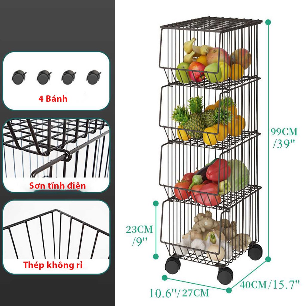 Kệ sắt đa năng nhiều tầng tháo rời có nắp đậy tiện dụng, giá kệ nhà bếp có bánh xe di chuyển dễ dàng