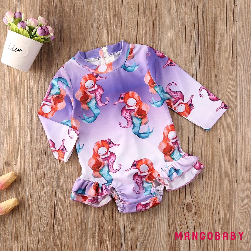 ♬MG♪-1-6Years Baby Girls Swimwear Cute Floral Print Round Neck Long Sleeve One-Piece Swimsuits