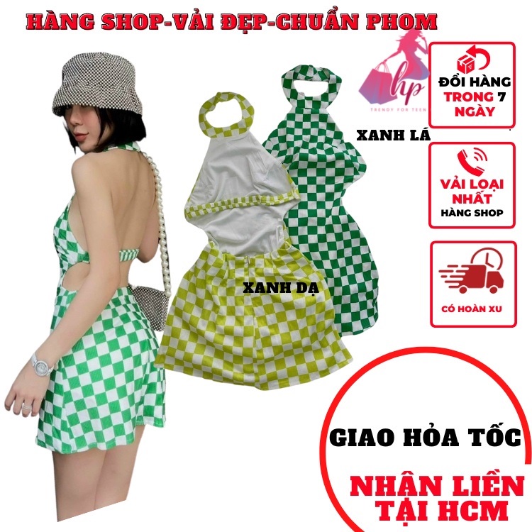 váy đầm ôm body nữ cổ yếm hở lưng có mút ngực thun gân sọc caro siêu sang thích hợp đi chơi đi tiệc- VD242