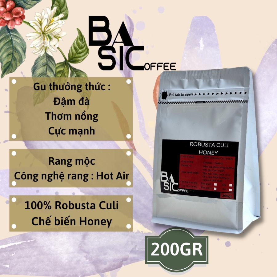 Cà Phê Robusta Culi Honey Nguyên Chất Rang Mộc Bassic Coffee Gu Mạnh Cafe Sạch Đăk Lăk  Gói Dùng Thử 200gr