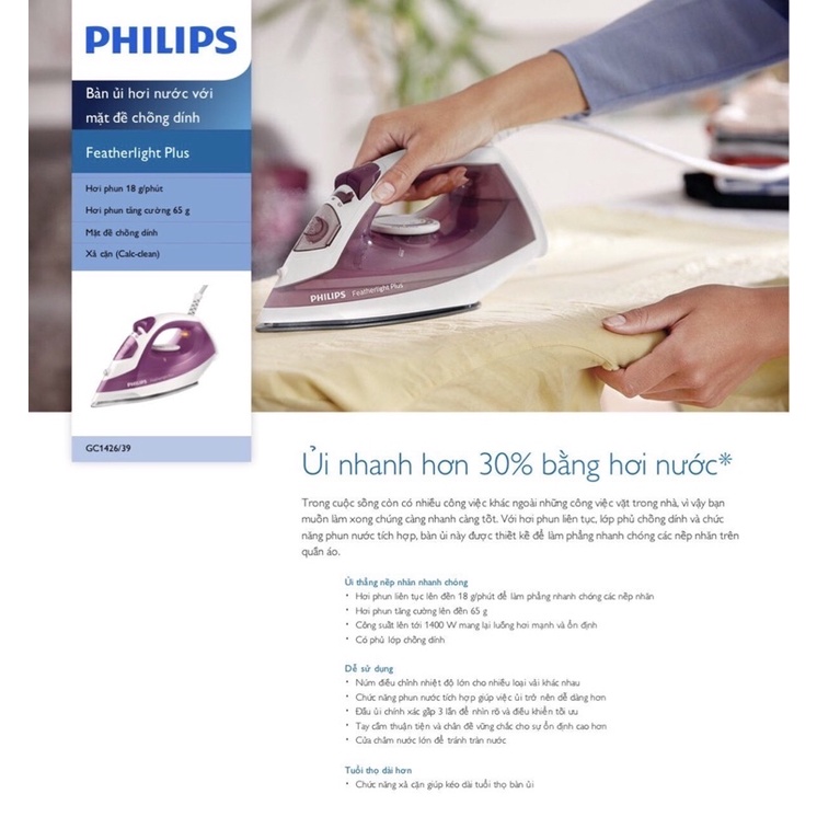 Bàn ủi hơi nước Philips GC1426 - Hàng chính hãng - Bảo hành 24 tháng