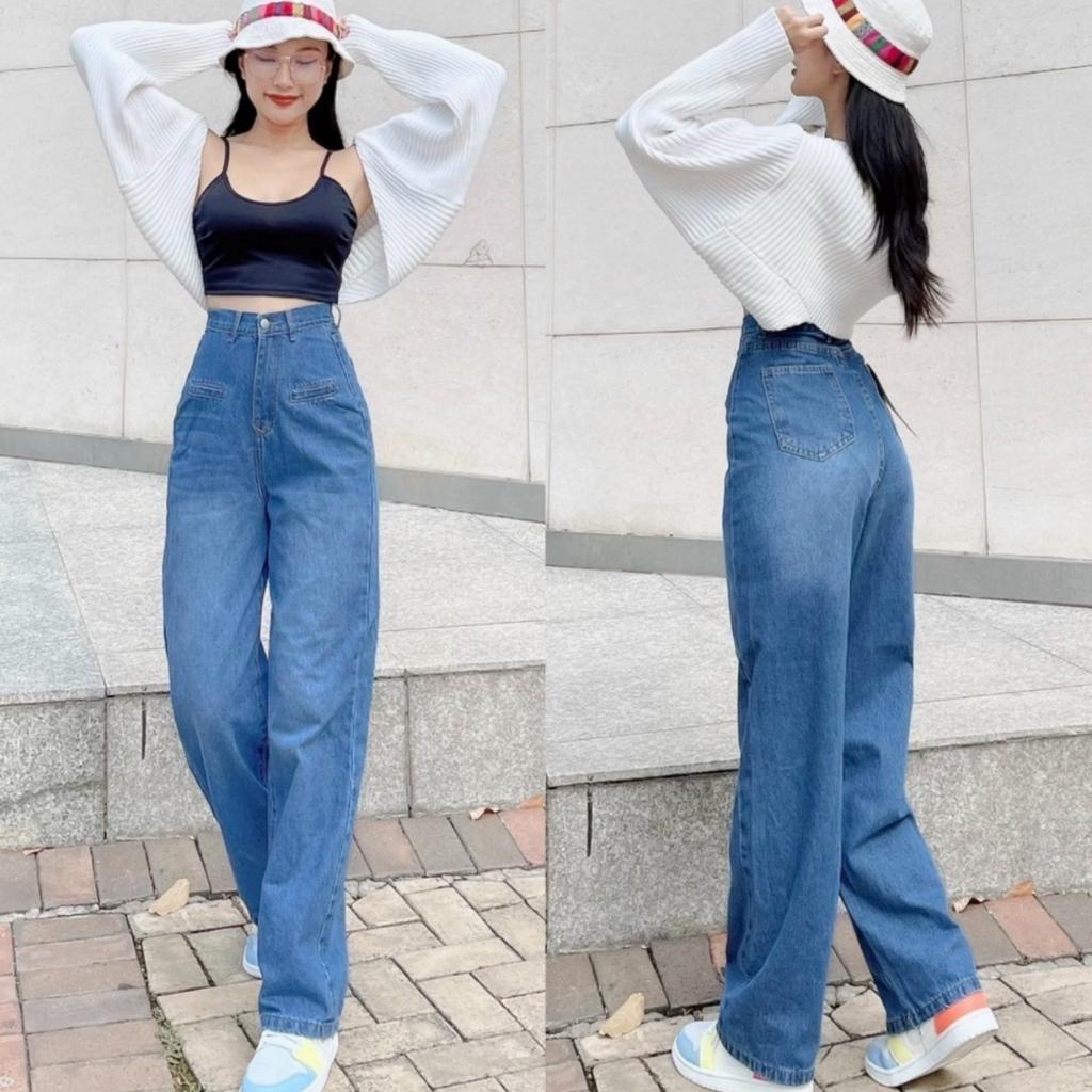 Quần jean nữ ống rộng túi kiểu phía trước màu xanh,quần bò nữ lưng cao dáng suông basis MT5035-5037