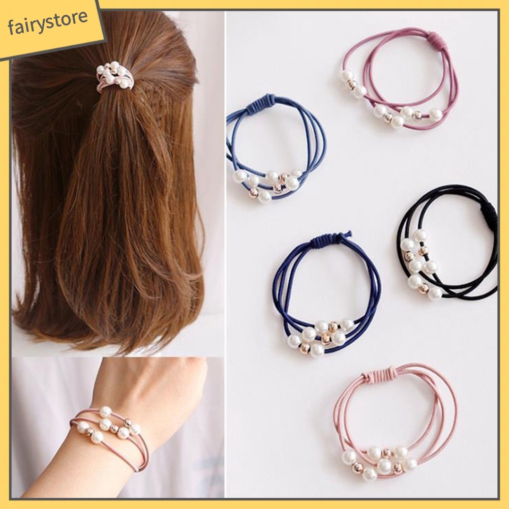 Dây thun cột tóc đính ngọc trai nhân tạo phong cách nữ tính