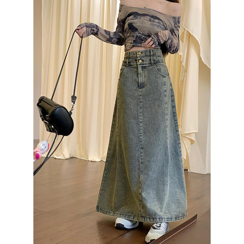 Chân Váy Denim Dài Dáng Chữ A Lưng Cao Phong Cách Retro Thời Trang Mùa Thu Hàng Mới Dành Cho Bạn Nữ 668