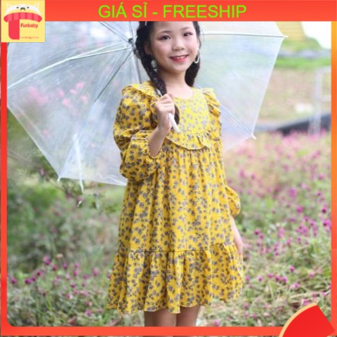 Váy bé gái thu đông 5 -12 tuổi vải thô hoa đuôi cá. Đầm dài tay cho bé cao cấp dày dặn