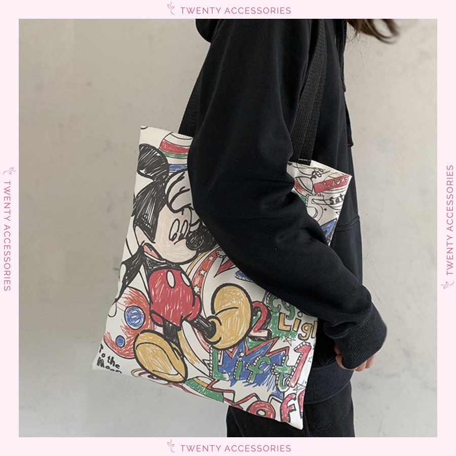 Túi tote vải canvas chuột Mickey có khóa kéo