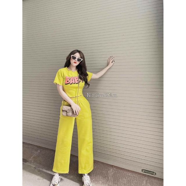 Set áo croptop cuốn biên & quần ống suông