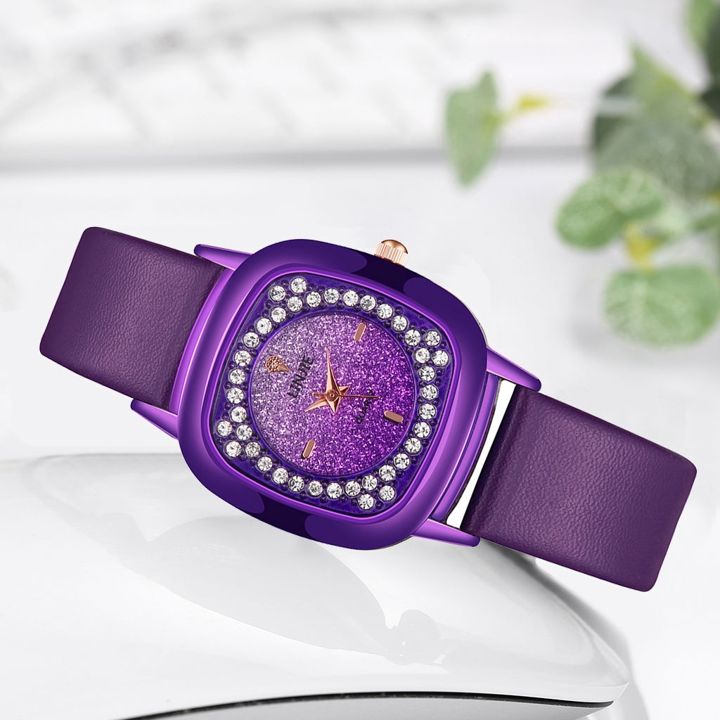 Đồng hồ mặt vuông đính đá phối dây da thời trang cho nữ