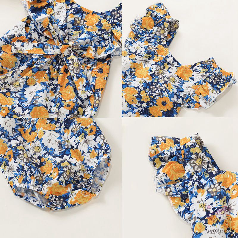 Đầm ngắn tay / Áo liền thân họa tiết hoa xinh xắn cho bé gái