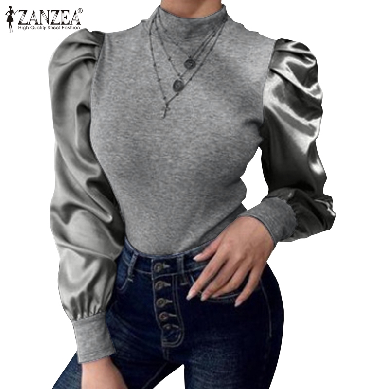 Áo ZANZEA Thiết Kế Tay Phồng Cổ Cao Co Giãn Thời Trang Cho Nữ