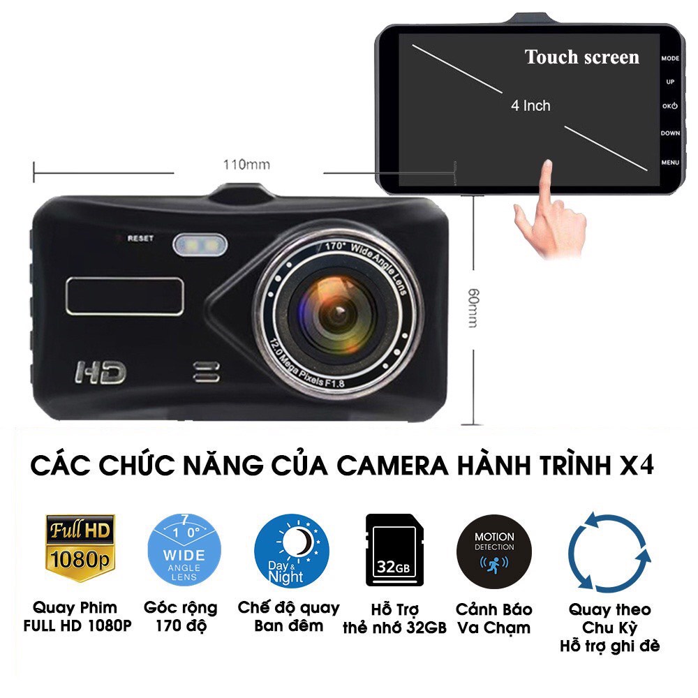 Camera hành trình oto  X4 Full HD , màn hình cảm ứng, quay đêm rõ nét, Bảo Hành 12 Tháng 1 đổi 1