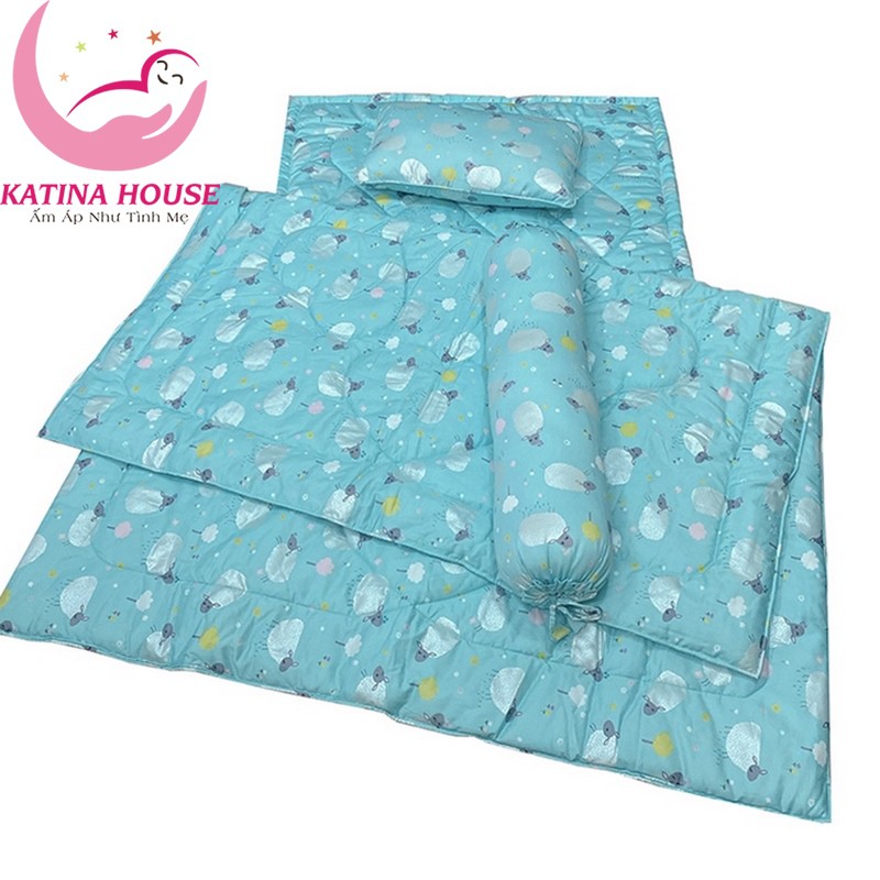 Bộ nệm gối mền gối ôm trẻ em 1-5t, vải cotton satin hàn mềm mát, họa tiết đáng yêu cho bé