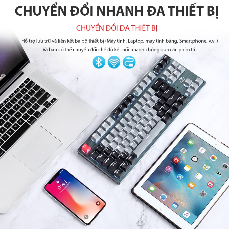 Bàn phím cơ Bluetooth Coputa Bàn phím máy tính không dây kết nối điện thoại LED trắng TKL XM87