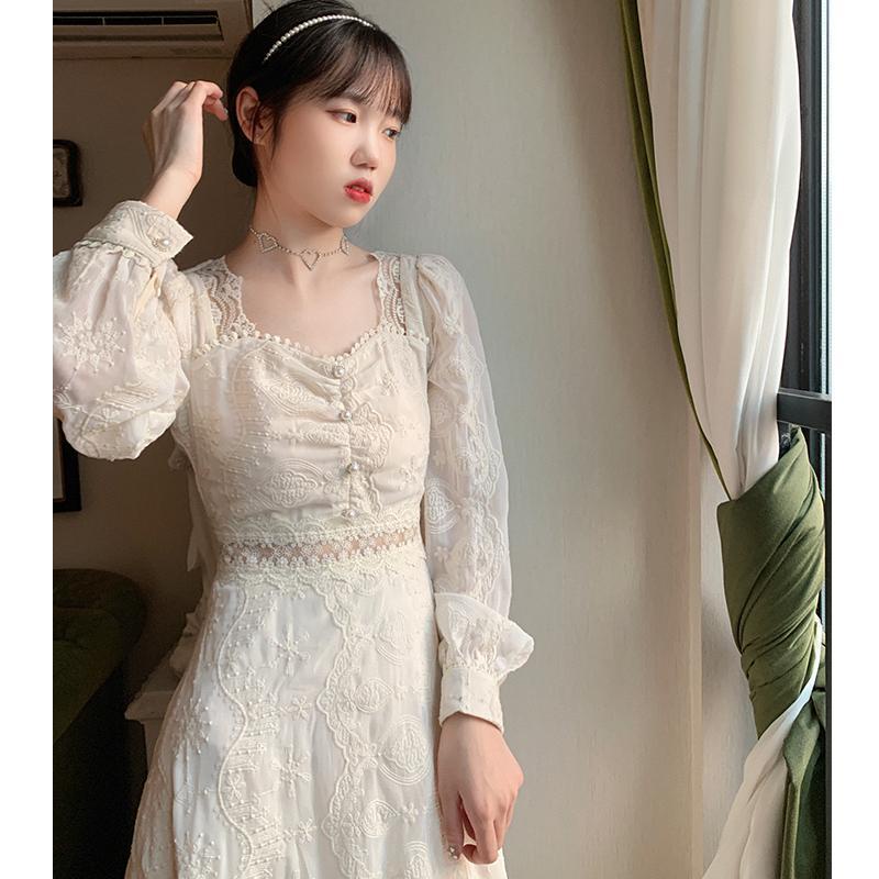Đầm Dài Tay Phối Ren Họa Tiết Thêu Phong Cách Pháp Thời Trang Cho Nữ