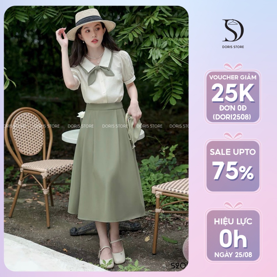 Set áo sơ mi chân váy dáng dài DORIS thiết kế áo ngắn tay cổ sơ mi đính nơ kèm chân váy chữ A nhẹ nhàng thanh lịch S2055