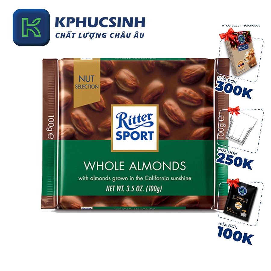 Socola sữa nhân hạnh nhân nguyên chất thương hiệu Ritter Sport 100G Hàng nhập khẩu KPHUCSINH - Hàng Chính Hãng