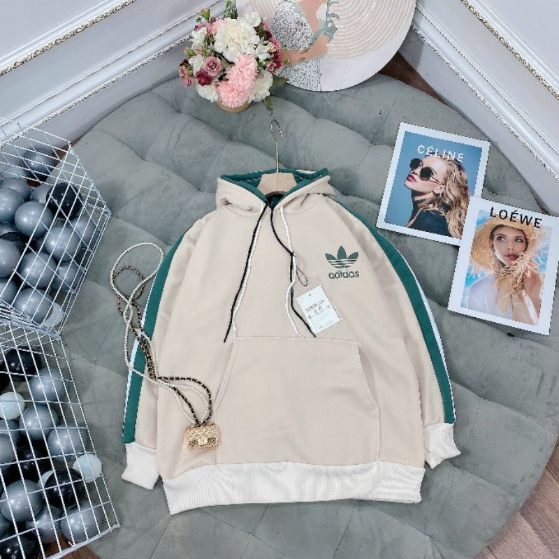 Áo hoodie nữ, form rộng mũ 2 lớp nỉ bông dày ấm áp.Áo hoodie nữ phối sọc tay xinh.