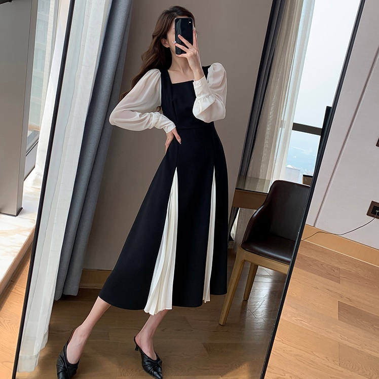 Đầm kiểu Perty cổ vuông phối lưới thời trang thu đông cho nữ