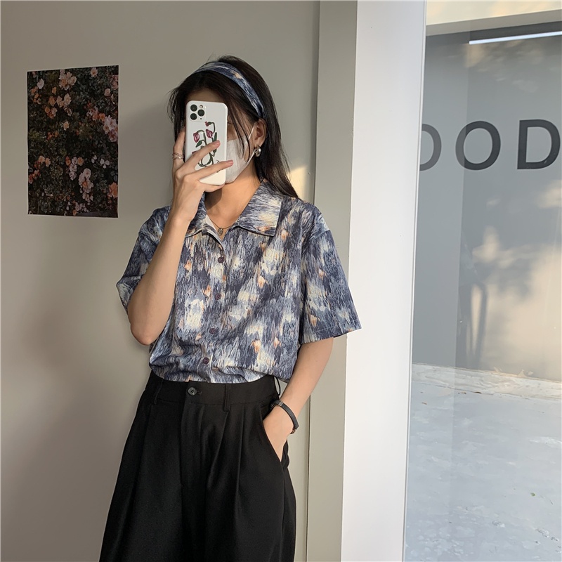 SUXI Áo Sơ Mi Tay Ngắn In Họa Tiết Phong Cách Retro Hàn Quốc Mới Cho Nữ