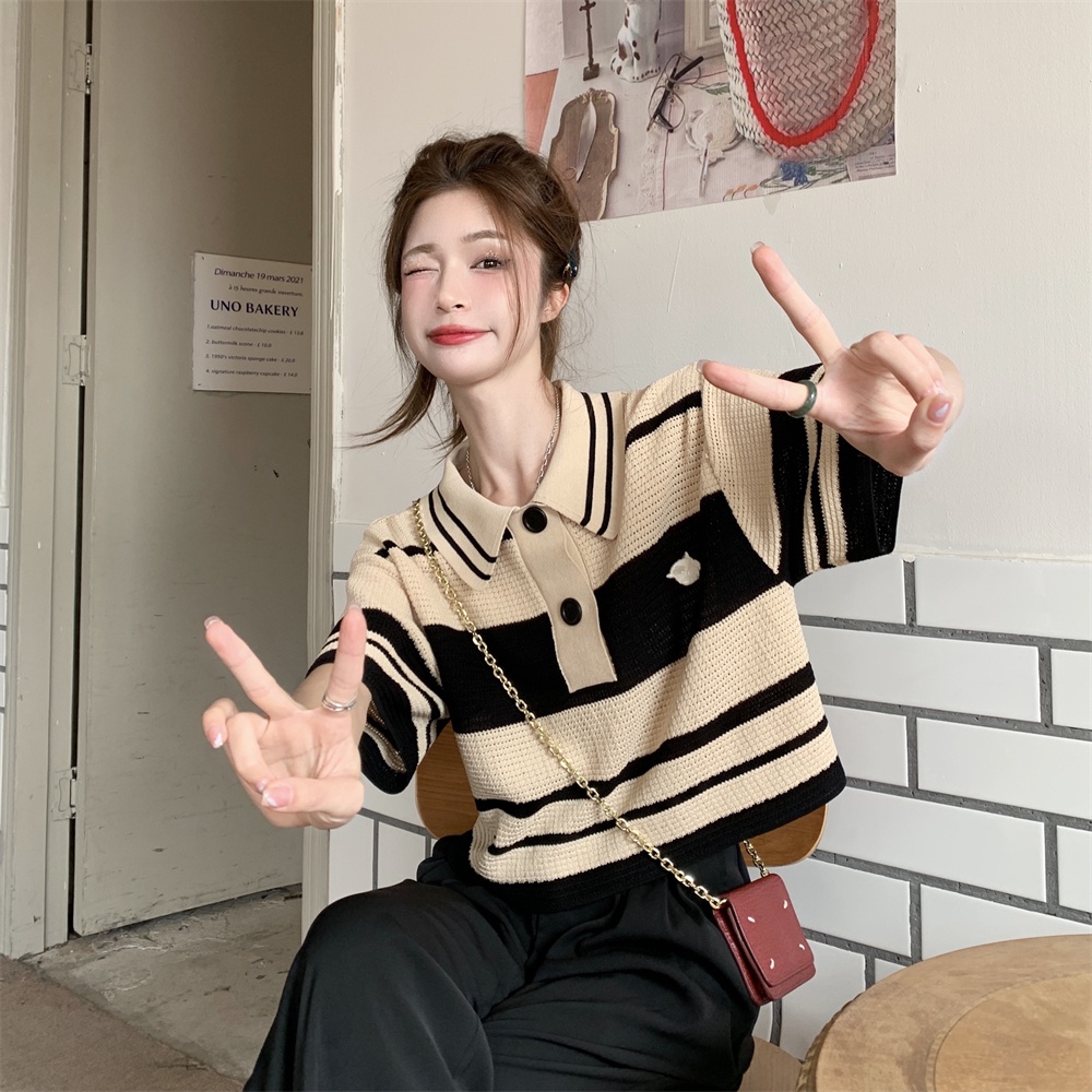 SUXI Áo Thun Dệt Kim Họa Tiết Kẻ Sọc Trắng Đen Phong Cách Vintage Thời Trang Mùa Hè Cho Nữ