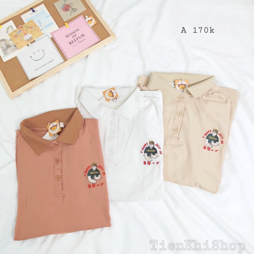 Áo Polo Nữ Màu Pastel Phom Rộng Hình Thêu Tay Lỡ AT12