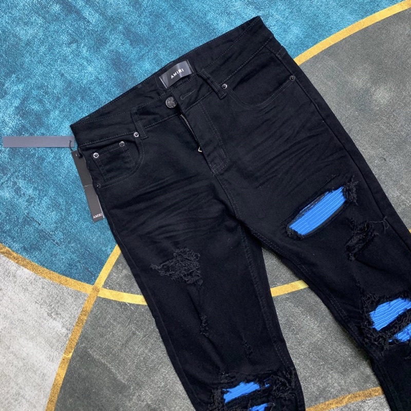 Quần Jean Bò Đen Nam Phối Da Nhăn Vá Rách Xù Vải Co Giãn Dáng Skinny Cực Sang
