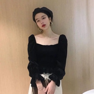 Áo nhung cổ vuông tay phồng gợi cảm thun ngực (ORDER)