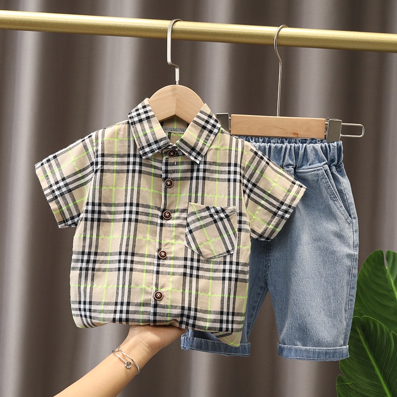 Set áo sơ mi tay ngắn in họa tiết caro + quần short denim thời trang cho bé sơ sinh