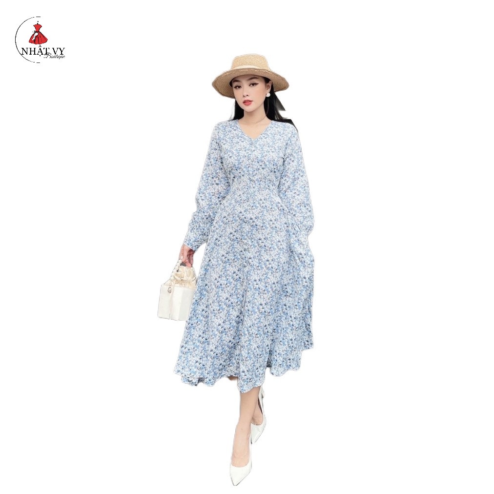 Đầm Công Sở NHẬT VY Cổ V Tay Dài Chiết Eo Phối Cúc Bọc Chất Mango Màu Xanh, Hồng - D2294