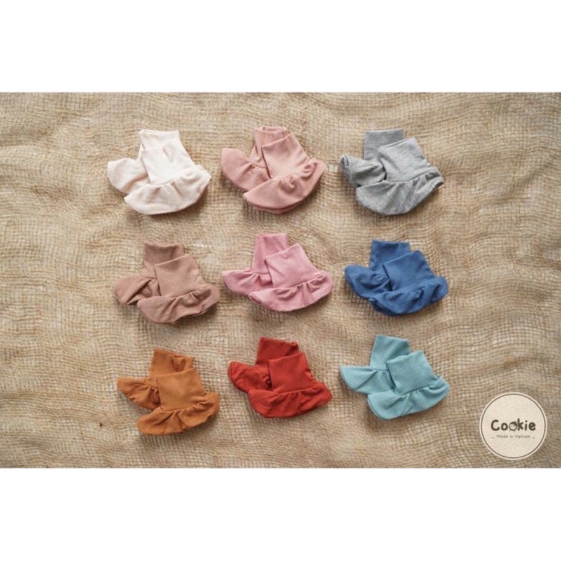 Set mũ bao chân bao tay yếm sơ sinh Cookie chất vải cotton thun tăm lạnh điều hòa 4 mùa size 0 6 tháng tuổi