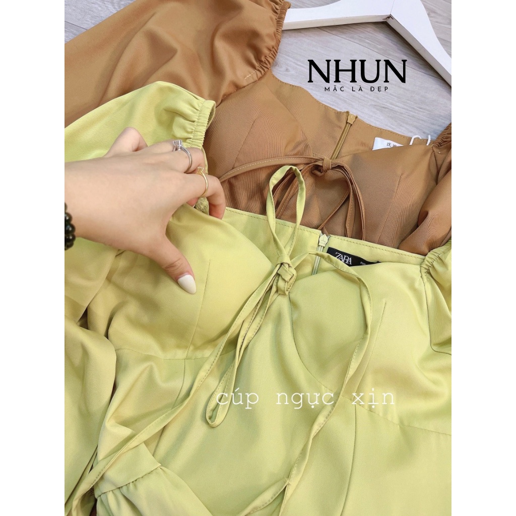 Váy thiết kế dáng dài cao cấp NhunFashion Đầm nữ cúp ngực nơ tay bồng tôn dáng tiểu thư thanh lịch N50