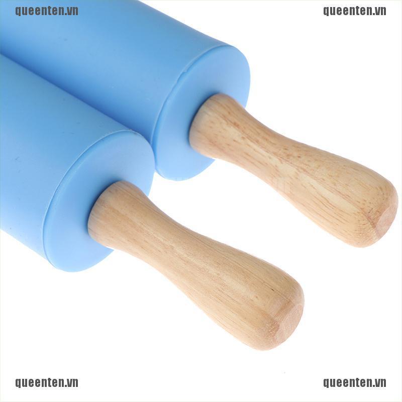 Non-Stick Wooden Handle Silicone Rolling Pins Pastry Flour Roller Kitchen Tool QUVN