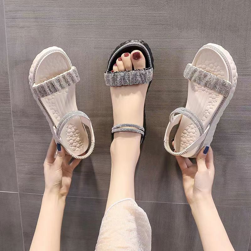 Sandal Chiều cao gót 5 cm Chiến Binh Dây Co Giãn Đính Đá Cổ Tích La Mã Cho Nữ