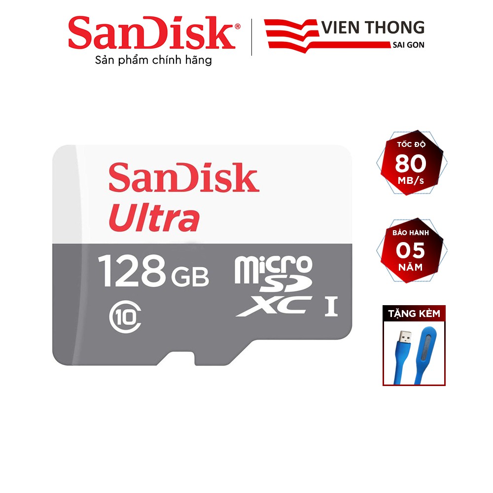 Thẻ nhớ microSDHC SanDisk Ultra 128GB upto 80MB/S 533x tặng đèn LED USB -