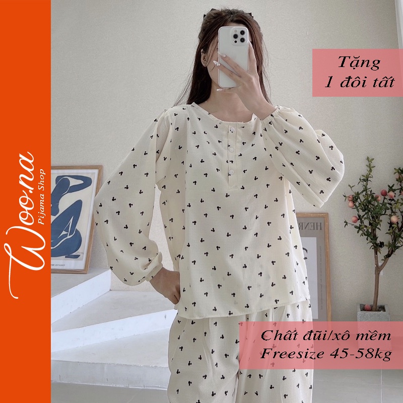 Bộ đồ ngủ dài tay vải xô xốp mềm mại dễ thương, đồ mặc nhà nữ chất đũi mỏng hoa tiết đơn giản cute