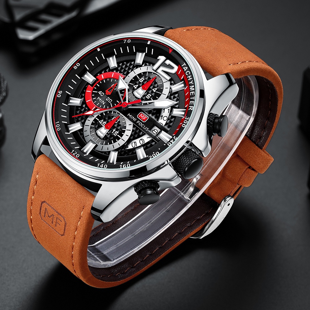 Đồng Hồ Đeo Tay MINIFOCUS Dây Da Nâu Chống Thấm Nước Thời Trang Cho Nam 3 Sub-dial 6