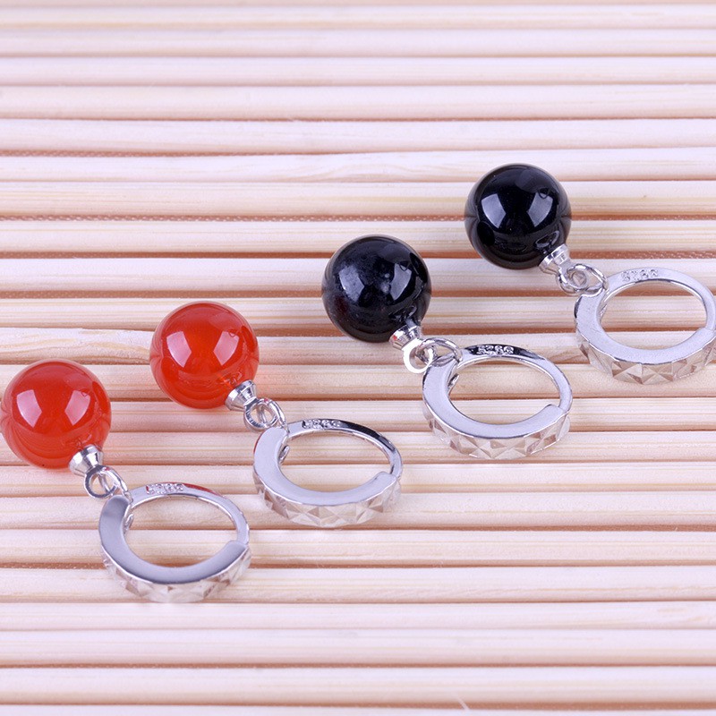 Khuyên tai bạc 925 đính đá mã não đỏ và đen thời trang độc đáo