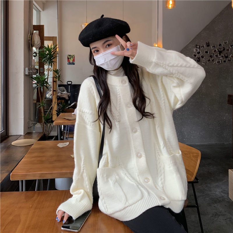 Áo Khoác Cardigan Dệt Kim Dáng Rộng Dày Dặn Ấm Áp Thời Trang Cho Nữ