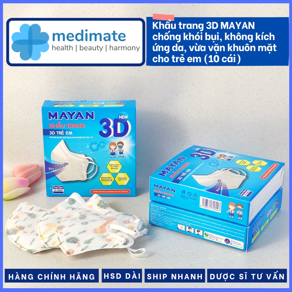 Khẩu trang MAYAN 3D chống khói bụi, không kích ứng da, vừa vặn khuôn mặt cho trẻ em (hộp 10 cái)