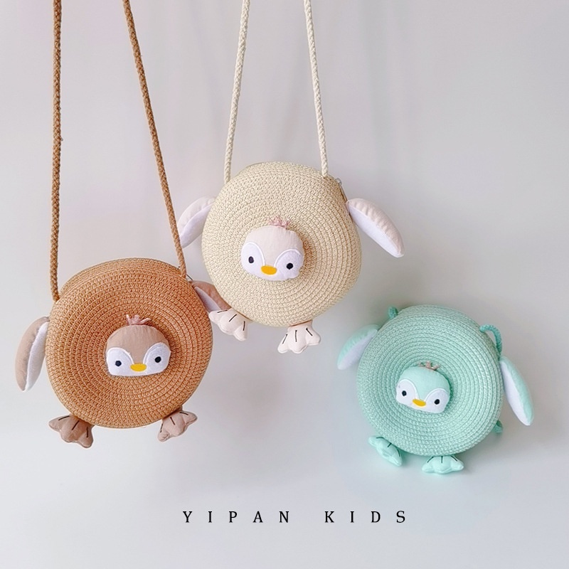 Túi Đeo Chéo Đan Lát Hình Chim Cánh Cụt Hoạt Hình Phong Cách Hàn Quốc Cho Bé Gái