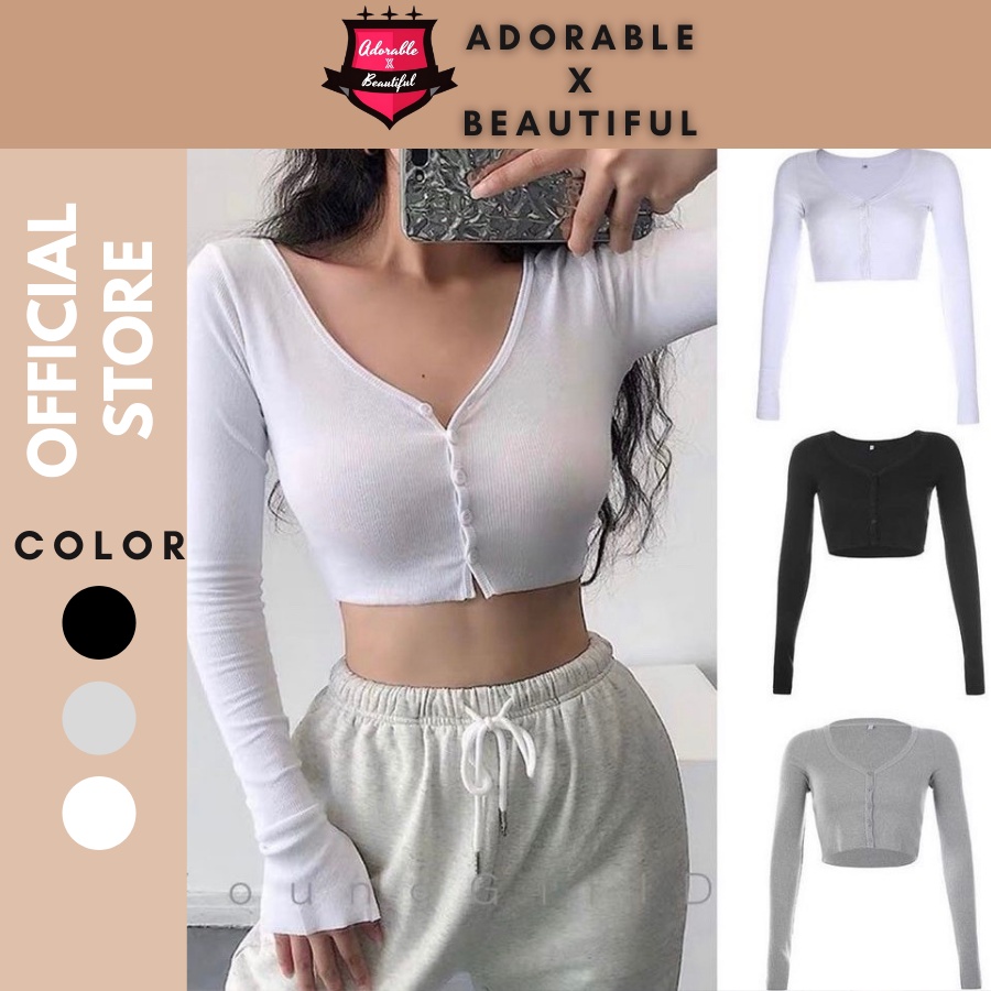 Áo croptop tay dài nút cài , áo crt ôm body khoe eo co giãn tốt