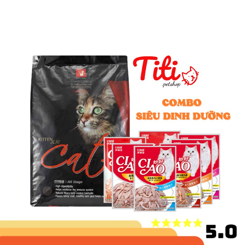 Thức ăn ướt cho mèo, thức ăn hạt cho mèo COMBO HẠT - PATE CHO MÈO_Catseye 1kg, 2 gói Ciao 60g_Titipets