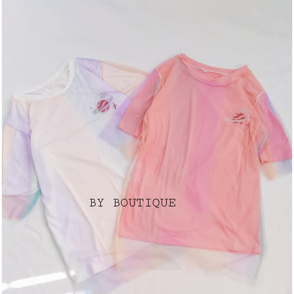 (Ảnh thật ) Áo thun lưới hologram thêu Sao thổ Saturn cực xinh