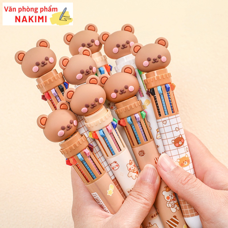 Bút bi 10 màu hình đầu gấu nâu, bút mực gel ngòi 0.5mm, bút nhiều màu dễ thương quà tặng văn phòng phẩm NAKIMI B14