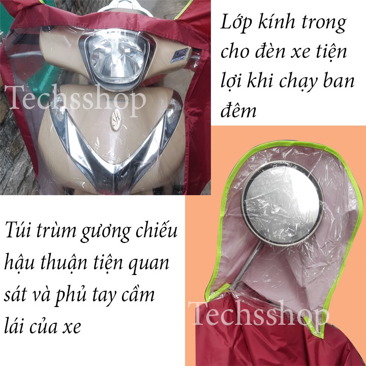 Áo Mưa Cánh Tròn Phản Quang Có Nón, Túi Che Gương Và Đèn Xe Đi Mưa Tiện Lợi - Loại Hàng Việt Nam 1 Mũ Và 2 Mũ